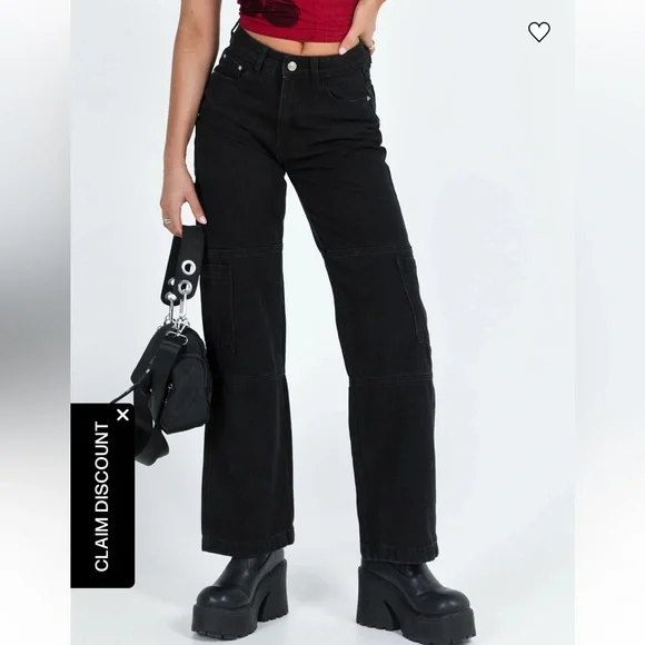 Princess Polly Wide Leg Cargo Black Pants Size 6 NWOT - Picture 1 of 6